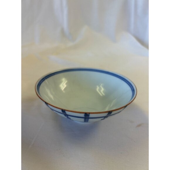Vintage Blue & White Arita Ware Ceramic Bowls With Orange Rim Accents - Set of 2 - Picture 3 of 4